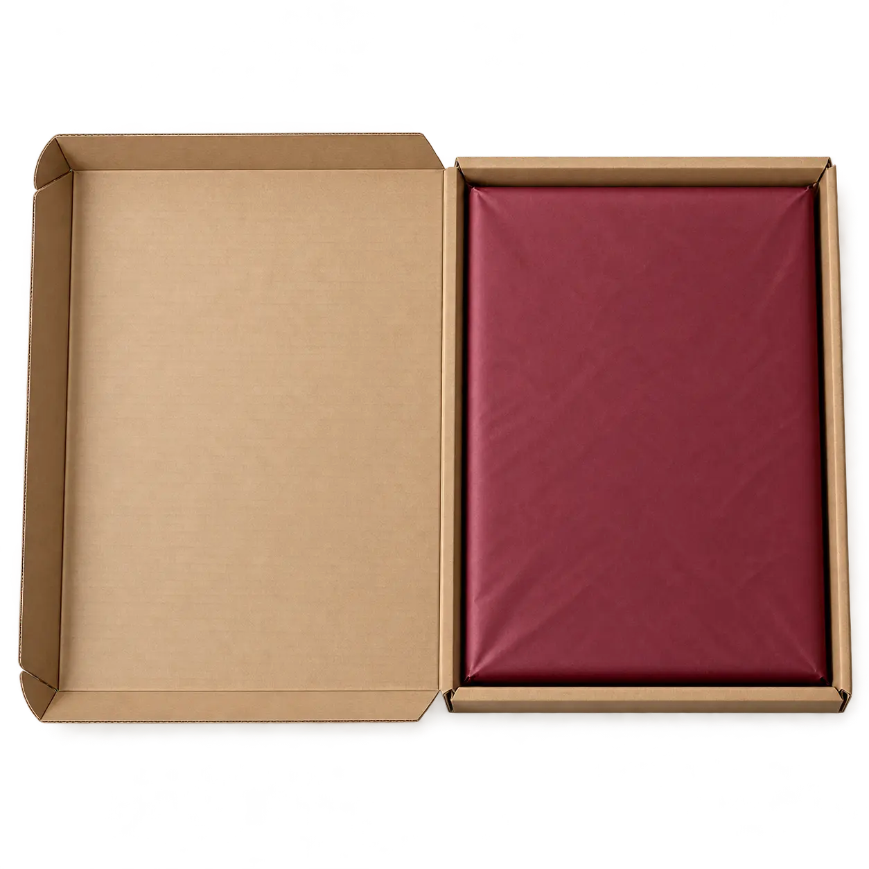 Framed poster in burgundy wrapping paper in a sturdy shipping box