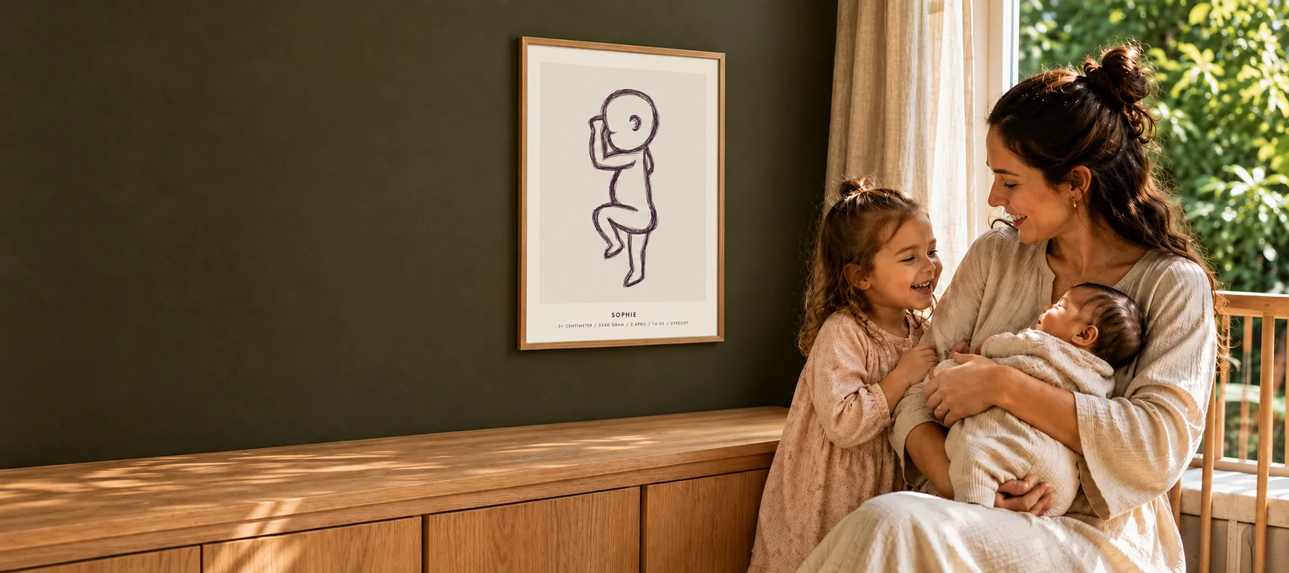 Birth poster on the wall of a mother, her newborn baby and daughter
